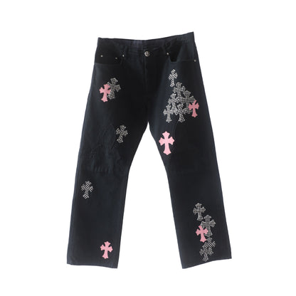 CHROME HEARTS PINK/CHECKERED FLEUR KNEE CROSS PATCH DENIM
