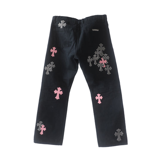 CHROME HEARTS PINK/CHECKERED FLEUR KNEE CROSS PATCH DENIM