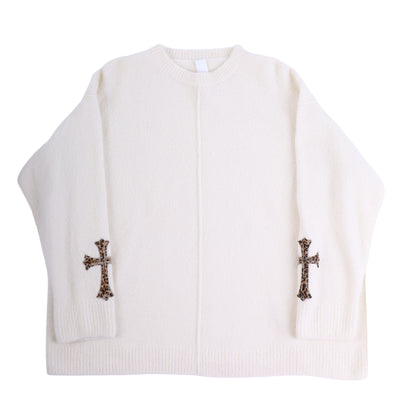 CHROME HEARTS WHITE CASHMERE SWEATER WITH LEAPOARD PATCHES