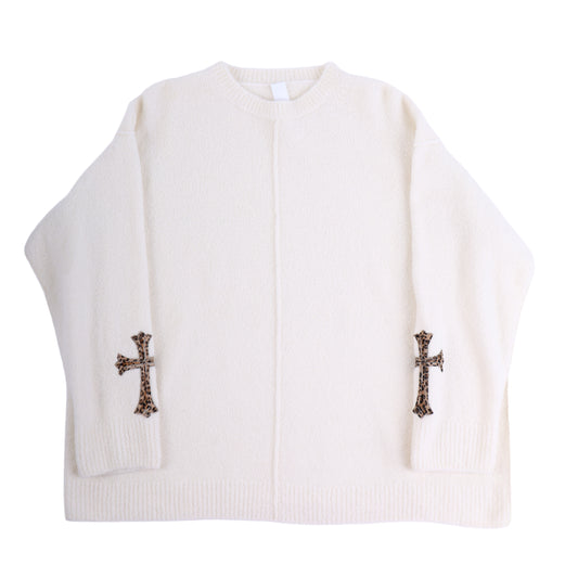 CHROME HEARTS WHITE CASHMERE SWEATER WITH LEAPOARD PATCHES