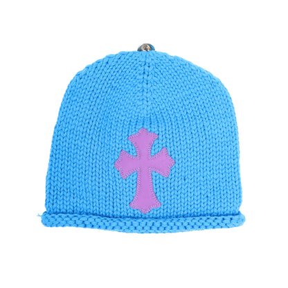 BLUE PURPLE CASHMERE CROSS PATCH BEANIE