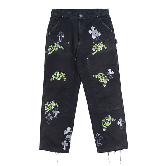 SEX RECORDS BLACK DOUBLE KNEE PANTS