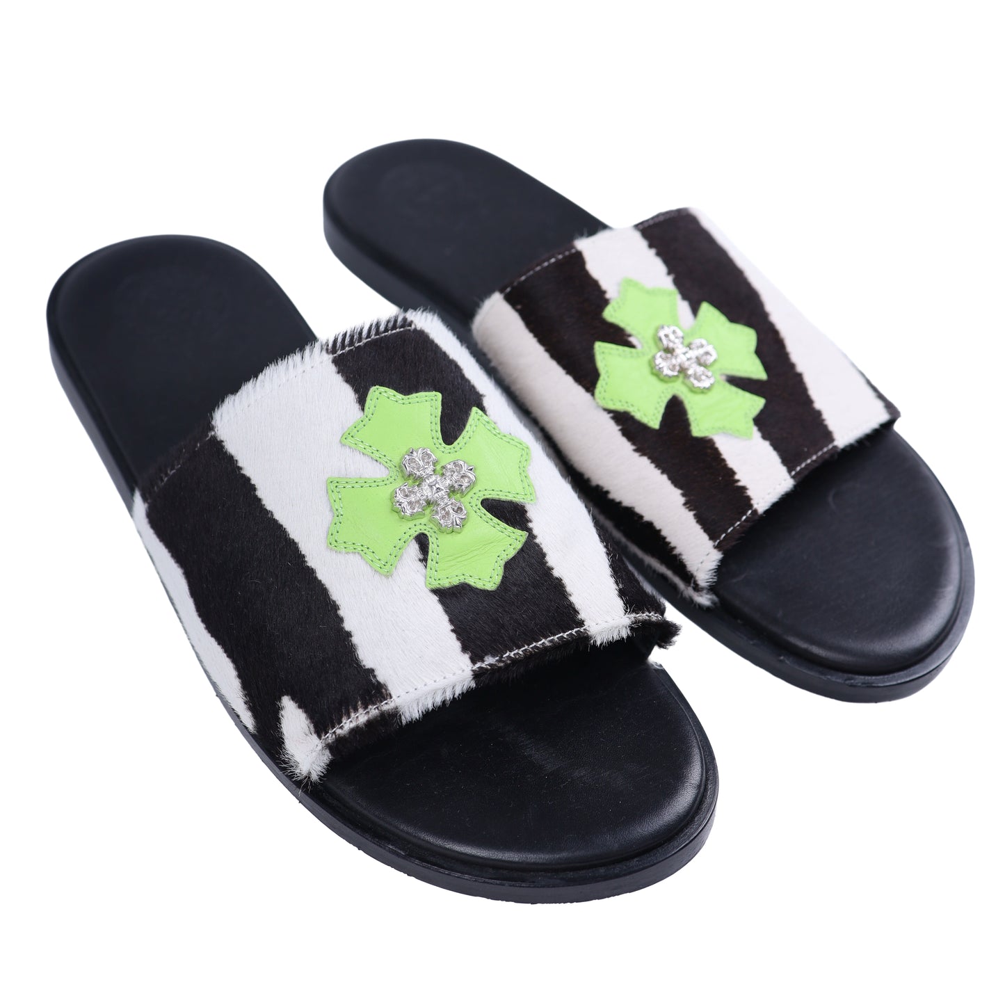 Zebra Filigree Neon Green Cross Slides