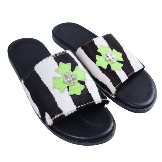 Zebra Filigree Neon Green Cross Slides