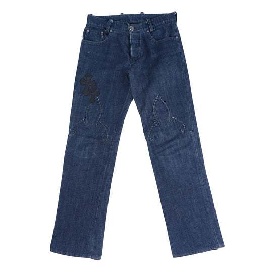 FLUER KNEE BLUE INDIGO DENIM CROSS PATCH DETAILS