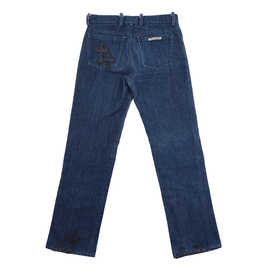 FLUER KNEE BLUE INDIGO DENIM CROSS PATCH DETAILS