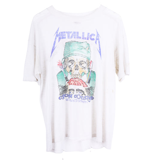 VINTAGE WHITE PAPER THIN METALLICA 1980S CRASH COURSE BRAIN SURGERY BAND T-SHIRT