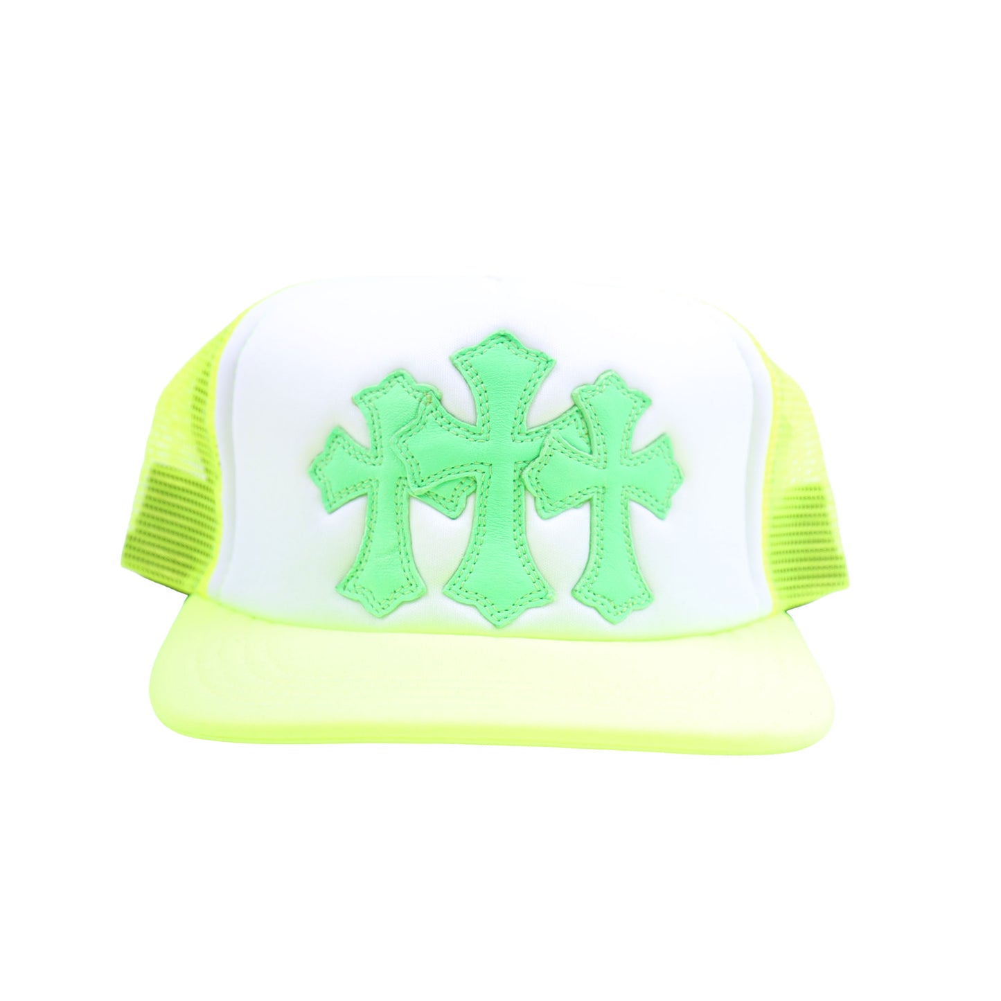 NEON GREEN TRIPLE CROSS CEMETERY TRUCKER HAT