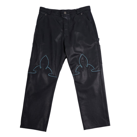 CHROME HEARTS BLUE FLEUR ST. BARTHS EXCLUSIVE LEATHER PANTS