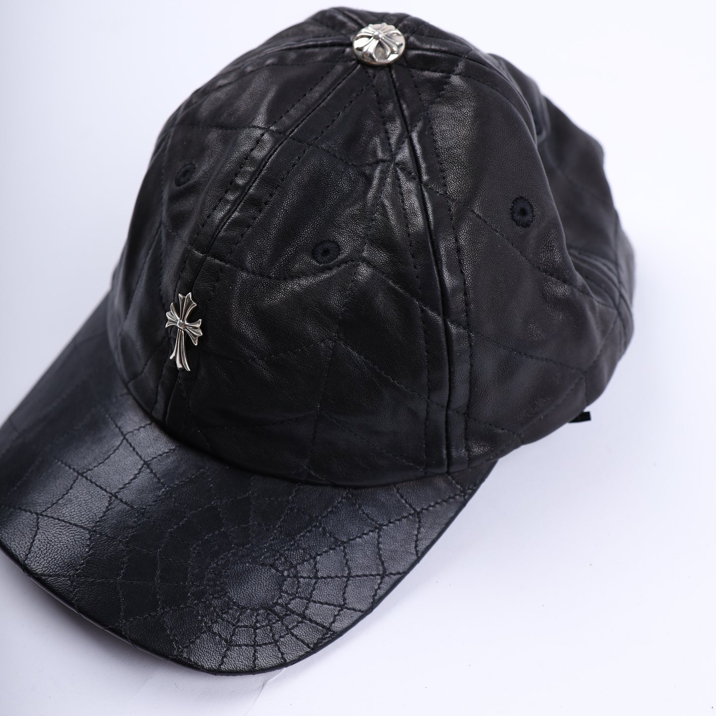 BLACK LEATHER SPIDER WEB HAT