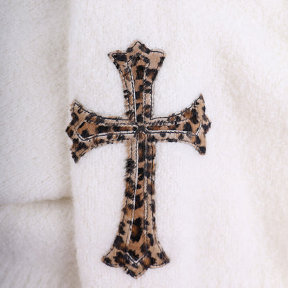 CHROME HEARTS WHITE CASHMERE SWEATER WITH LEAPOARD PATCHES