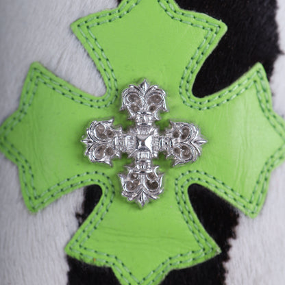 Zebra Filigree Neon Green Cross Slides