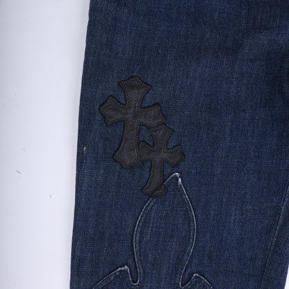 FLUER KNEE BLUE INDIGO DENIM CROSS PATCH DETAILS