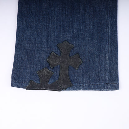 FLUER KNEE BLUE INDIGO DENIM CROSS PATCH DETAILS