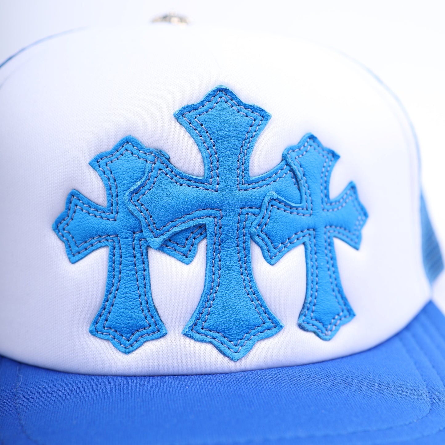 CHROME HEARTS BABY BLUE TRIPLE CROSS TRUCKER HAT