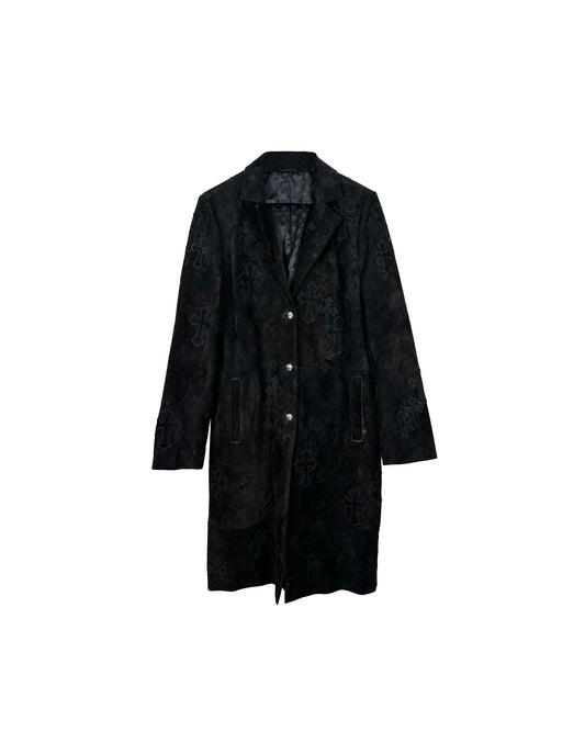 CHROME HEARTS BLACK SUEDE FLOODED TRENCH COAT/PEACOAT