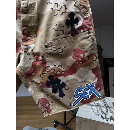 CHROME HEARTS SEX RECORDS DESERT CAMO CROSS PATCH SHORTS