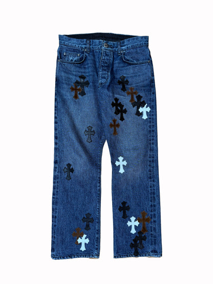 Chrome Hearts Black, White & Brown Patch blue Denim Jeans