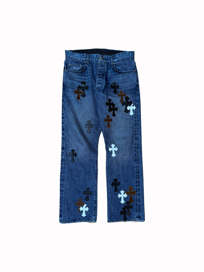 Chrome Hearts Black, White & Brown Patch blue Denim Jeans