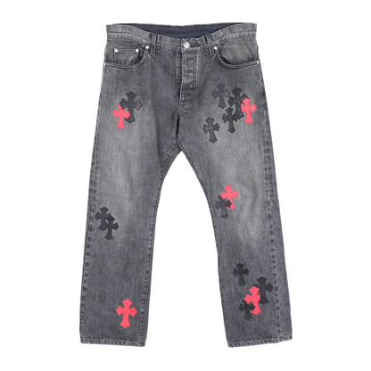 CHROME HEARTS RED AND BLACK CROSS PATCH DRAKE DENIM