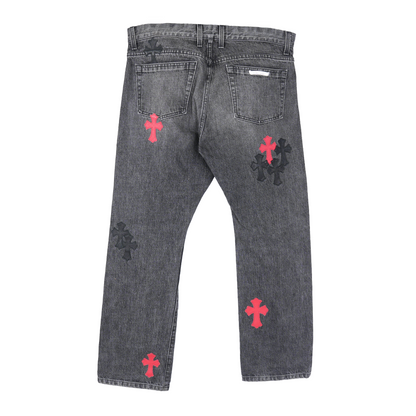 CHROME HEARTS RED AND BLACK CROSS PATCH DRAKE DENIM