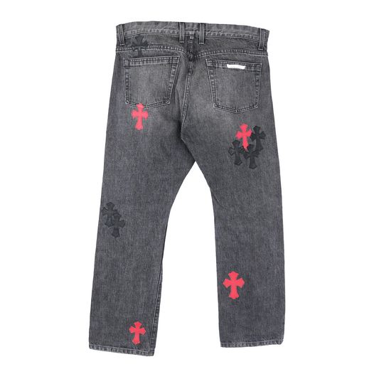 CHROME HEARTS RED AND BLACK CROSS PATCH DRAKE DENIM