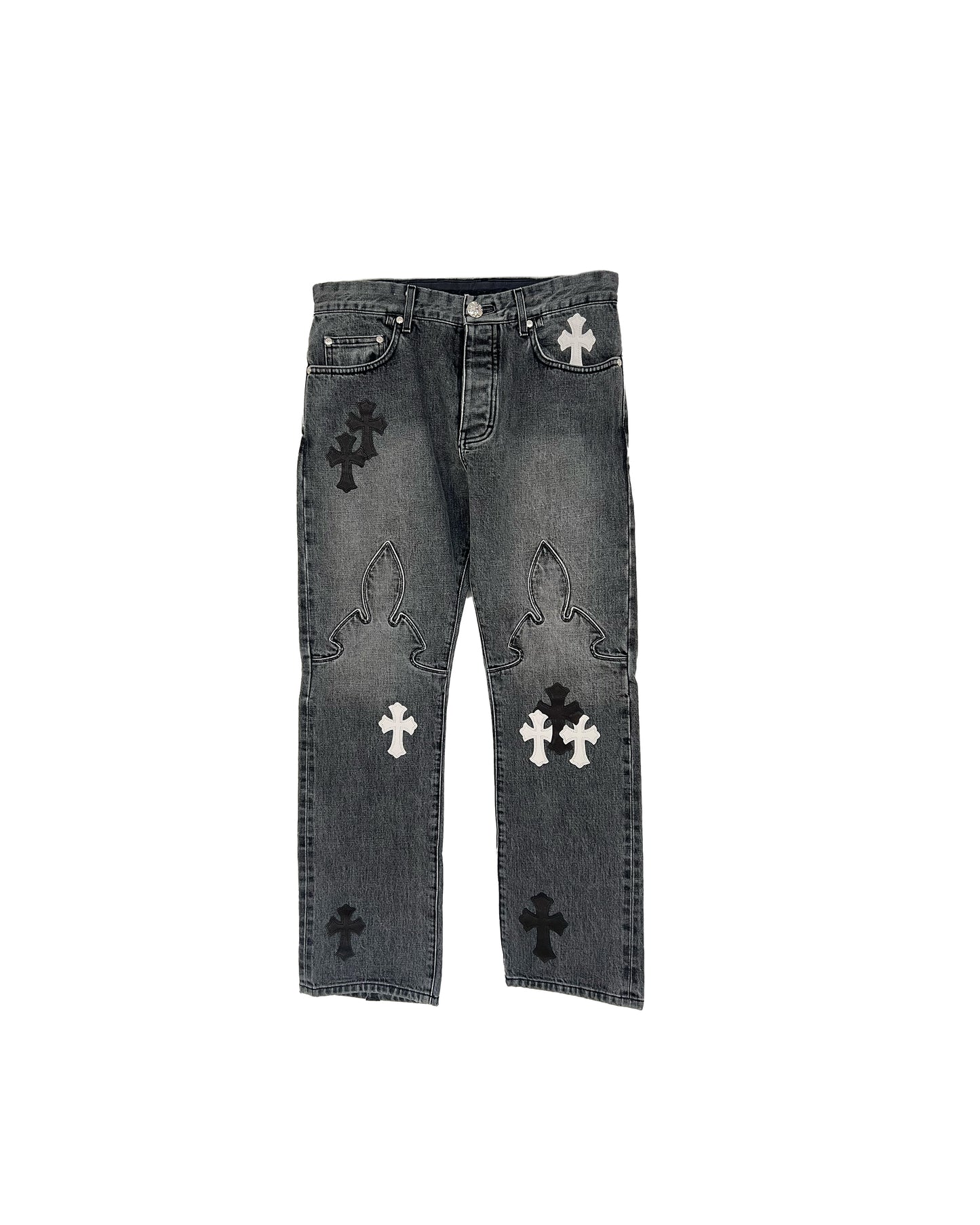 CHROME HEARTS BLACK FLEUR-KNEE PATCH IN HOUSE DENIM