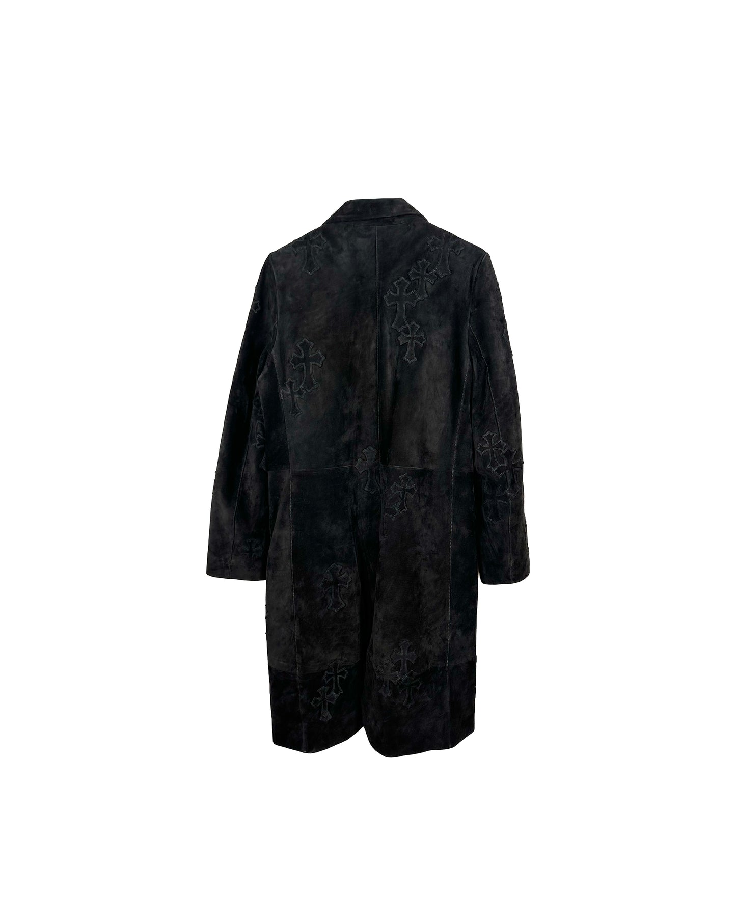 CHROME HEARTS BLACK SUEDE FLOODED TRENCH COAT/PEACOAT