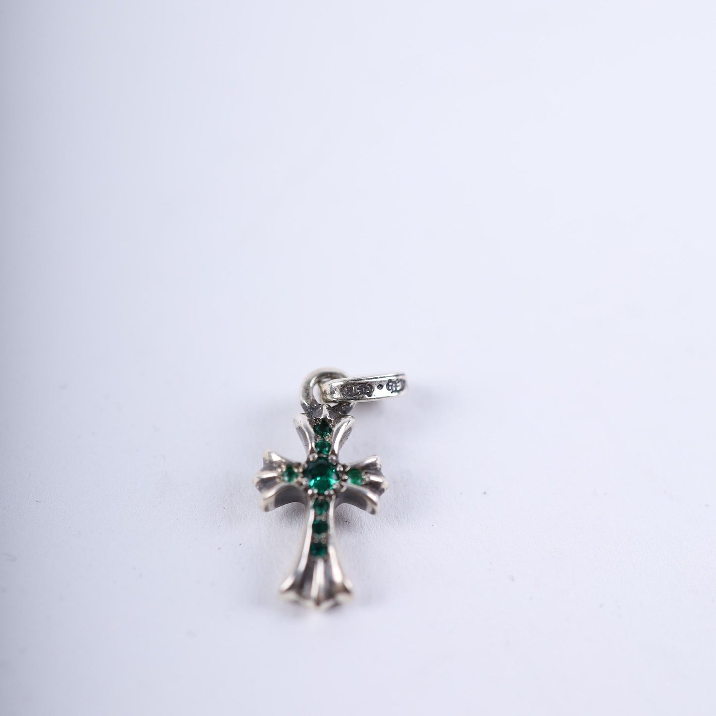 CHROME HEARTS PAVE EMERALD BABY FAT CROSS CHARM PENDANT
