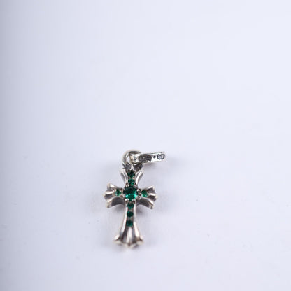 CHROME HEARTS PAVE EMERALD BABY FAT CROSS CHARM PENDANT