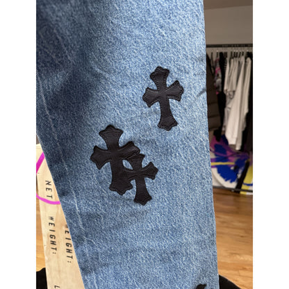 CHROME HEARTS LIGHT WASH LEVI'S CROSS PATCH DENIM SIZE 34 HEMMED