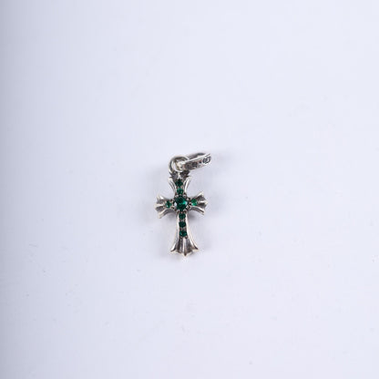 CHROME HEARTS PAVE EMERALD BABY FAT CROSS CHARM PENDANT