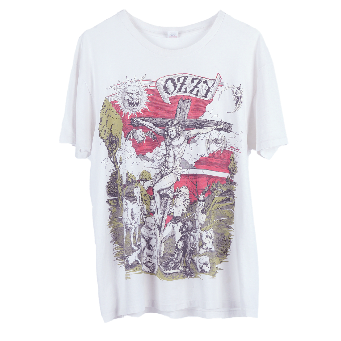 VINTAGE 1991 OZZY OSBOURNE THRASHED Crucifix T-SHIRT GLOW IN THE DARK
