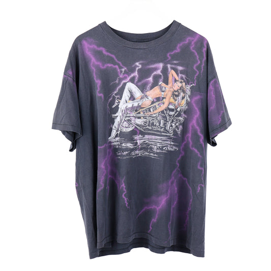 AMERICAN THUNDER PURPLE MOTORCYCLE GIRL FADED VINTAGE T-SHIRT