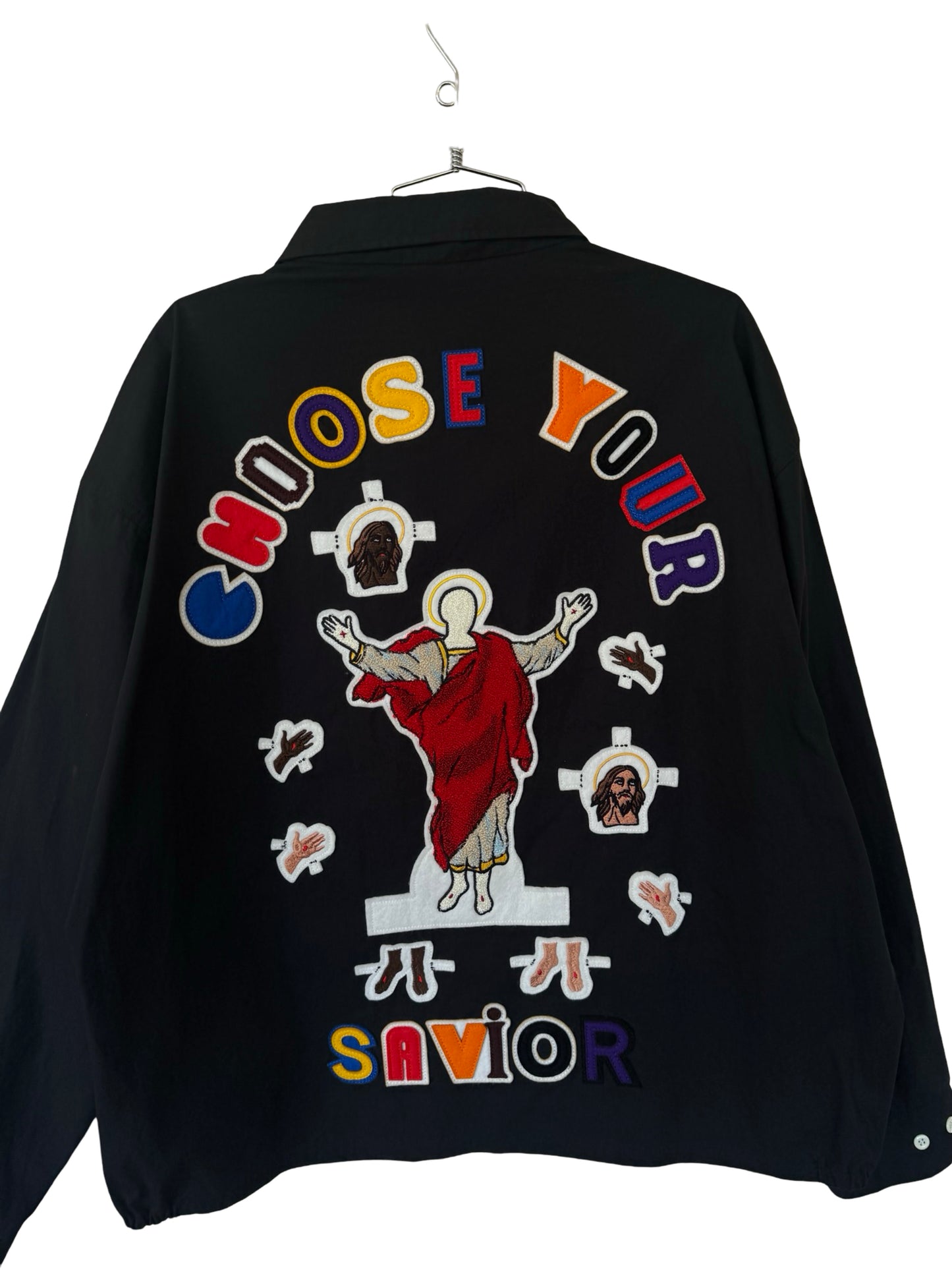 SAINT TEARS 'CHOSE YOUR SAVIOR' CHAIN-STITCHED COACH JACKET