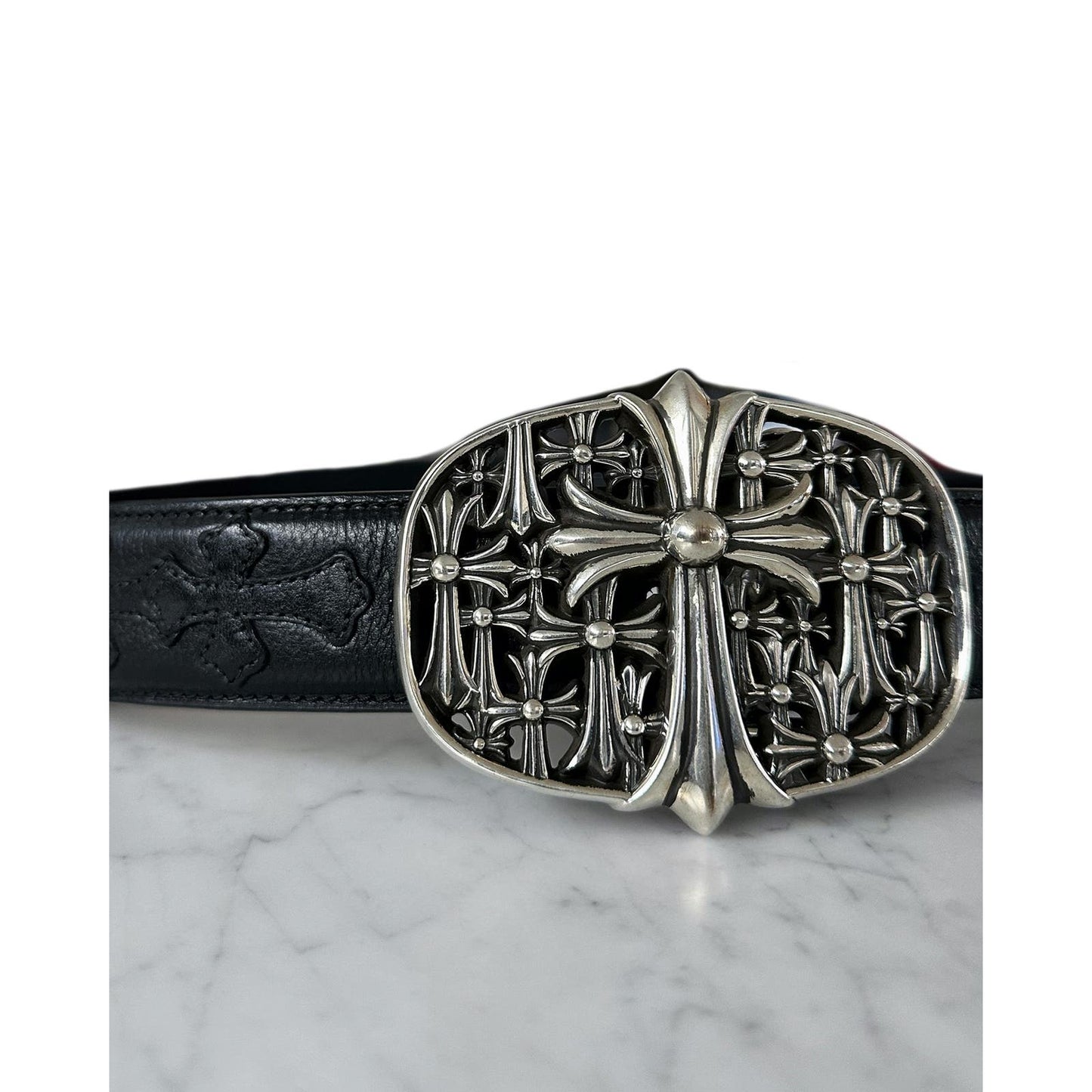 Chrome Hearts Cemetery Buckle Leather Cross Patch Belt 34