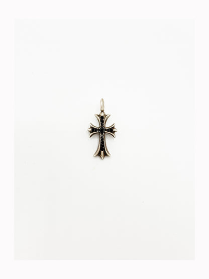 CHROME HEARTS BLACK DIAMOND STERLING SILVER TINY CROSS PENDANT