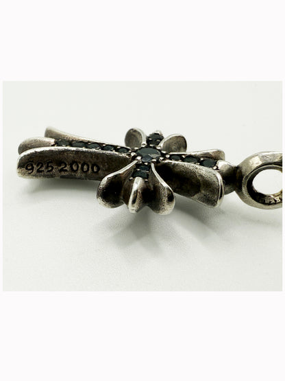 CHROME HEARTS BLACK DIAMOND STERLING SILVER TINY CROSS PENDANT