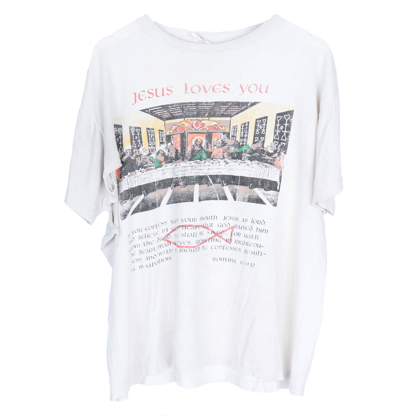 VINTAGE THRASHED BOXY JESUS LOVES YOU LAST SUPPER T-SHIRT